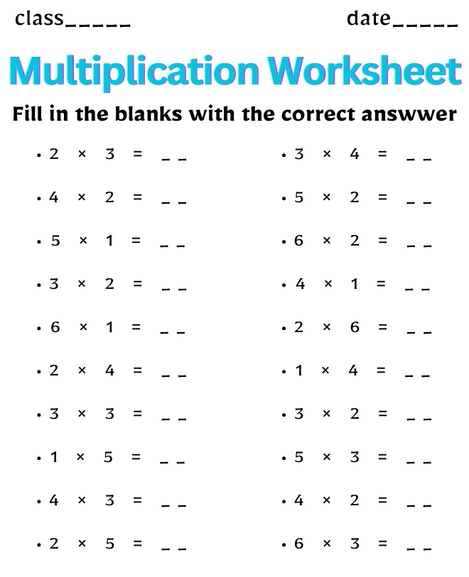 Multiplication Worksheet for Class 1