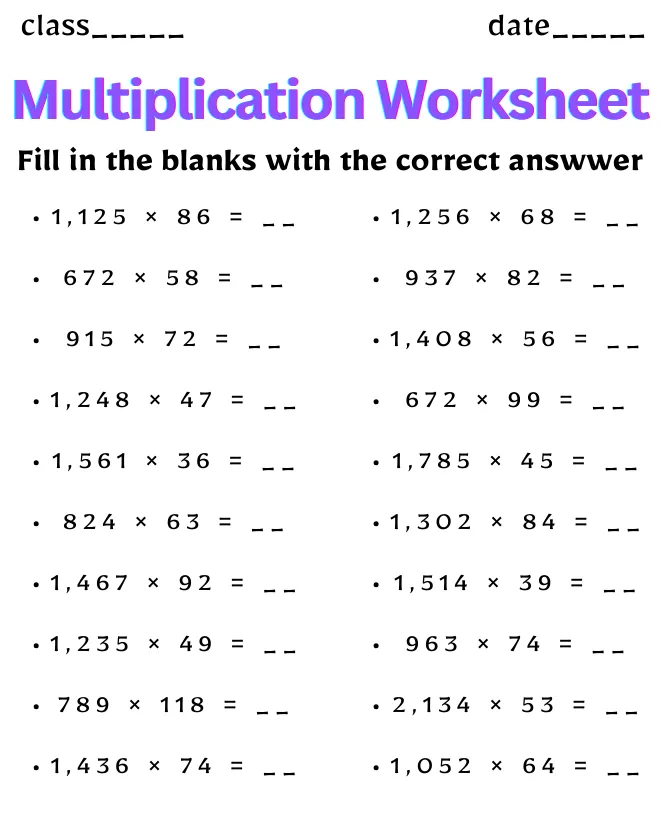 Multiplication Worksheet for Class 10