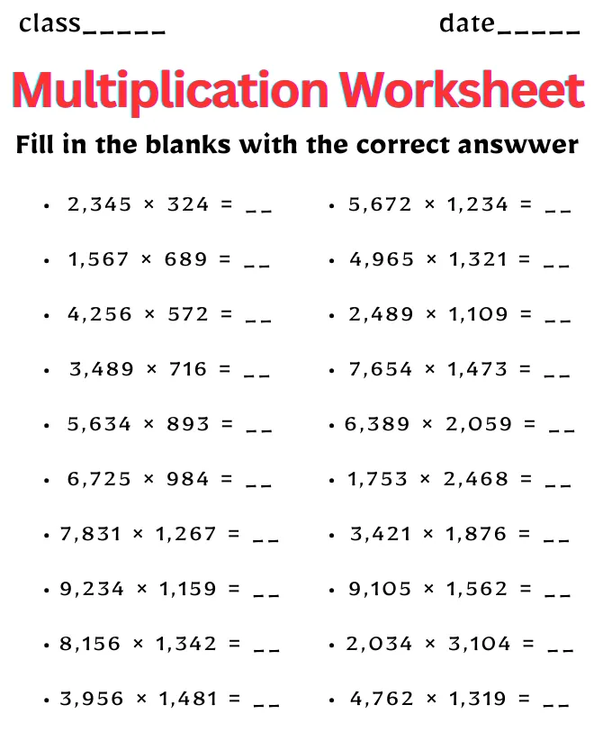 Multiplication Worksheet for Class 11