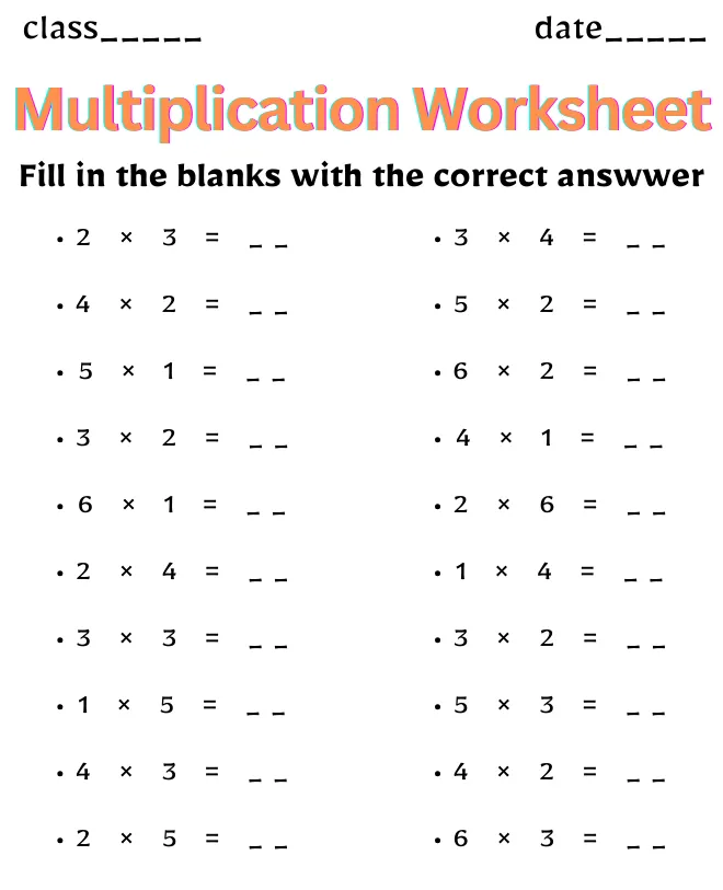 Multiplication Worksheet for Class 2