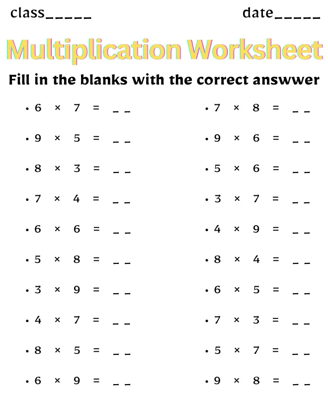 Multiplication Worksheet for Class 3