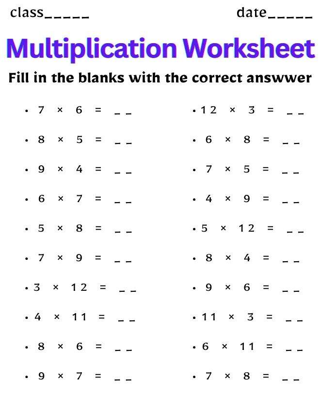 Multiplication Worksheet for Class 4