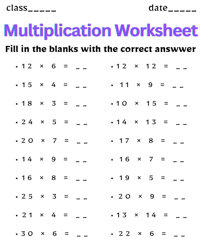 Multiplication Worksheet for Class 5