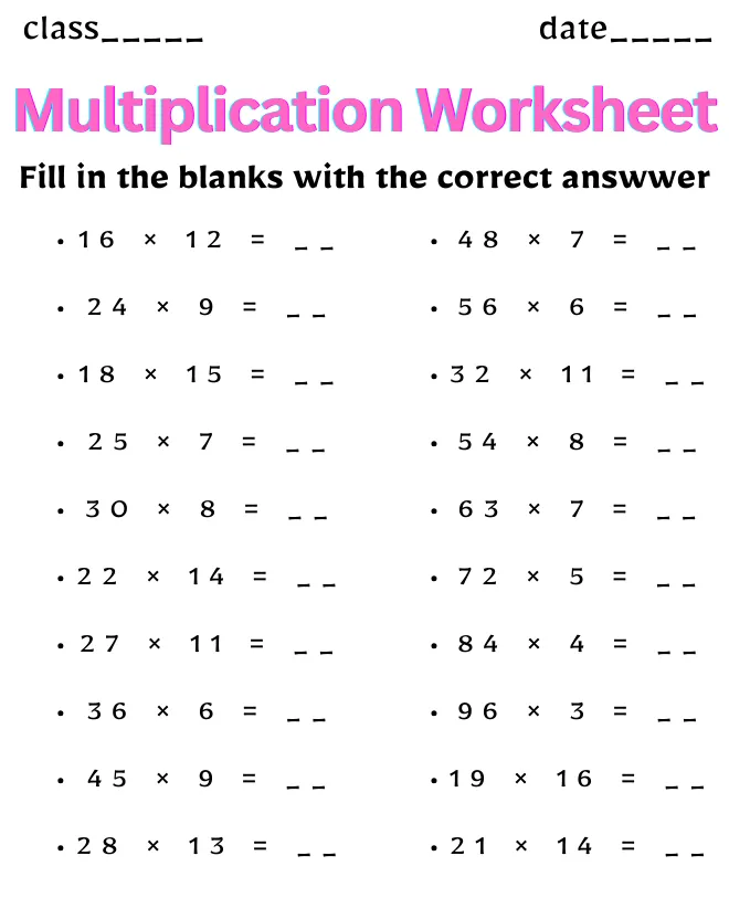 Multiplication Worksheet for Class 6