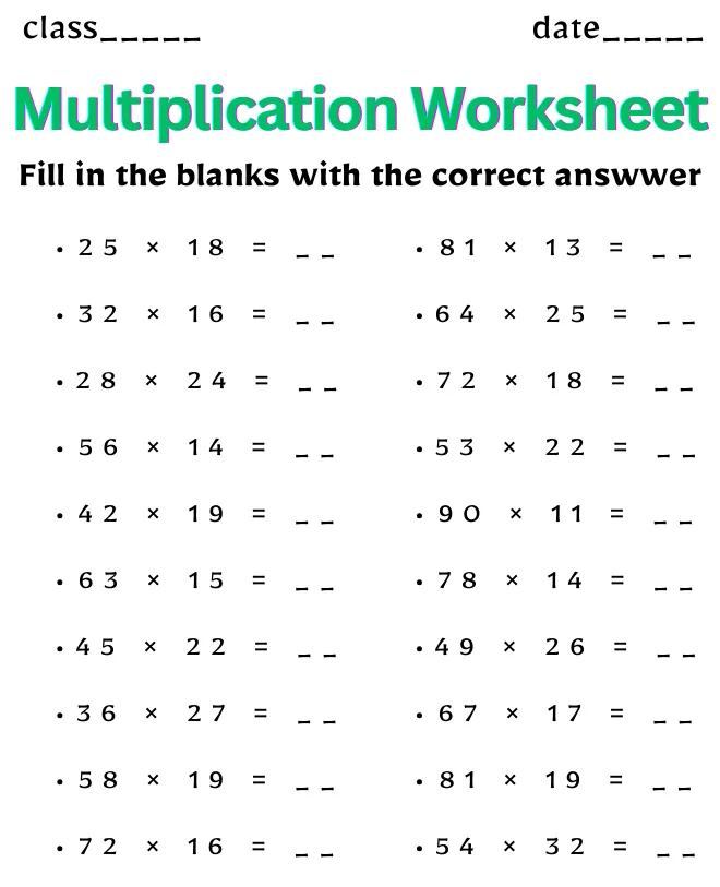 Multiplication Worksheet for Class 7