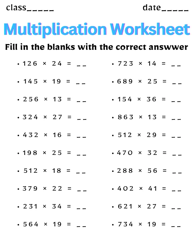 Multiplication Worksheet for Class 8