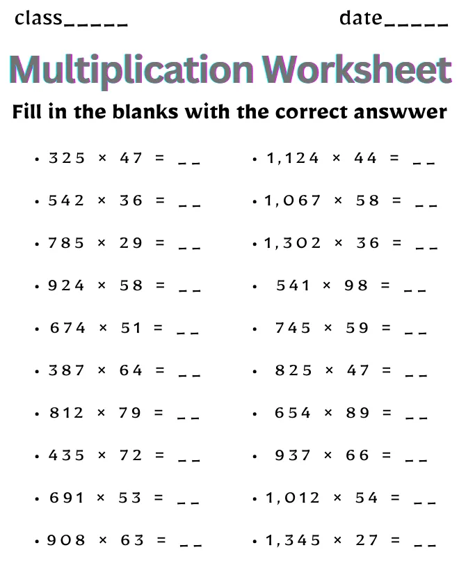 Multiplication Worksheet for Class 9