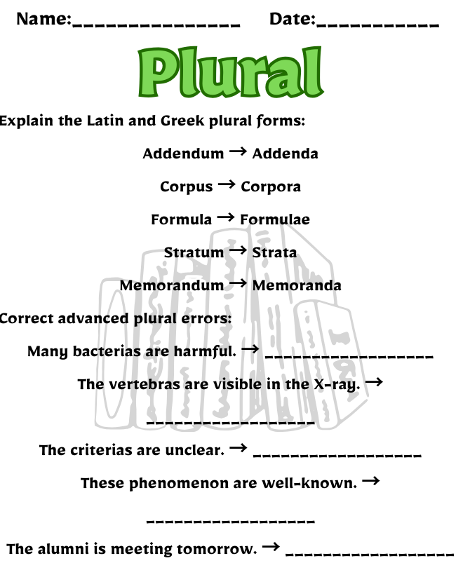 Free Printable Plural Worksheets | Fun Grammar Activities Plural Worksheet for Class 11