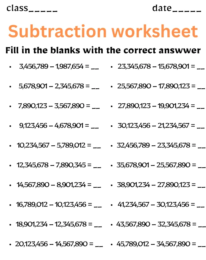 Class 12 Subtraction Worksheet