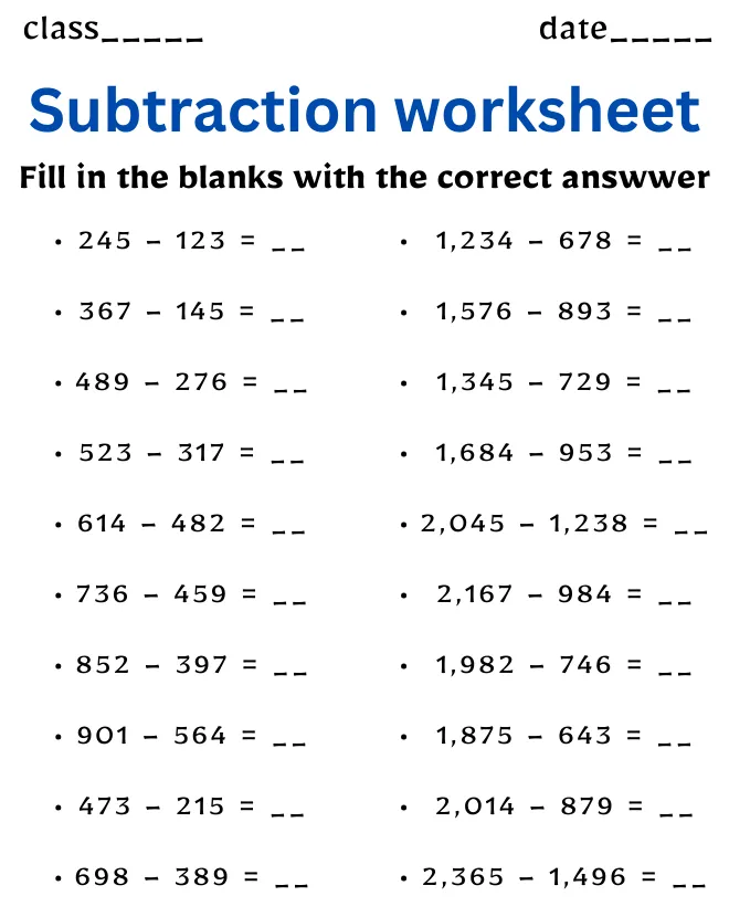 Class 4 Subtraction Worksheet