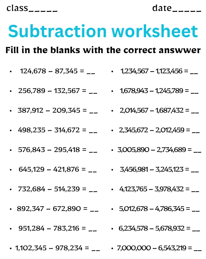 Class 7 Subtraction Worksheet