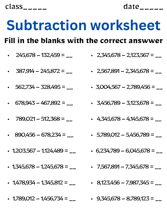 Class 8 Subtraction Worksheet