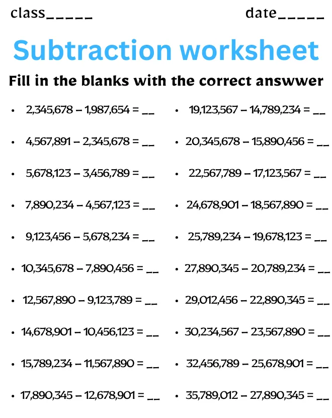 Class 11 Subtraction Worksheet