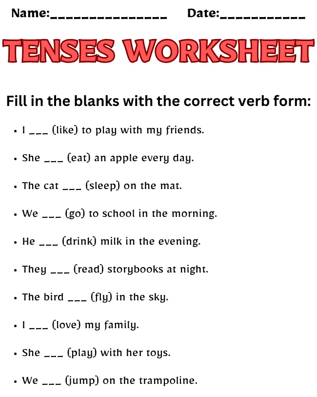 Free Printable Tenses Worksheets | Master English Grammar Tenses Worksheet Class 1