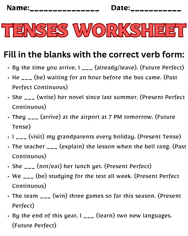 Free Printable Tenses Worksheets | Master English Grammar Tenses Worksheet Class 10