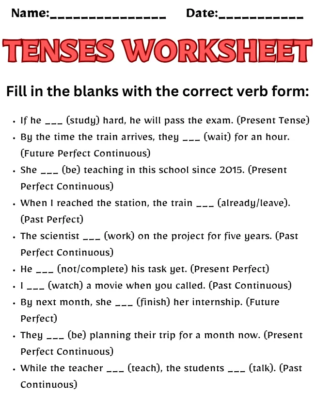 Free Printable Tenses Worksheets | Master English Grammar Tenses Worksheet Class 11