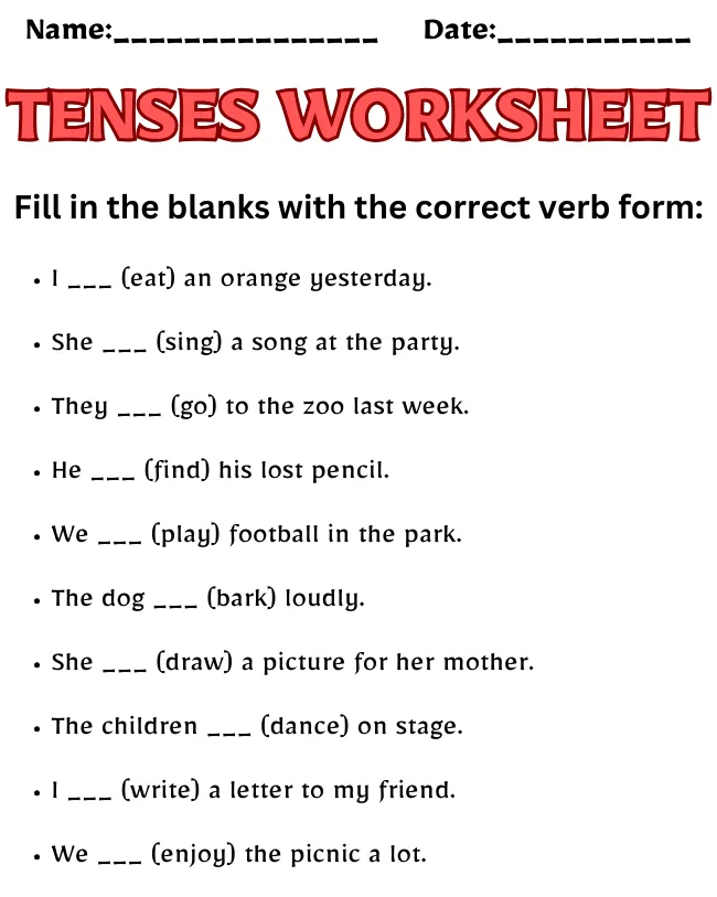 Free Printable Tenses Worksheets | Master English Grammar Tenses Worksheet Class 2
