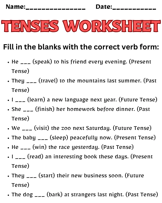 Free Printable Tenses Worksheets | Master English Grammar Tenses Worksheet Class 5