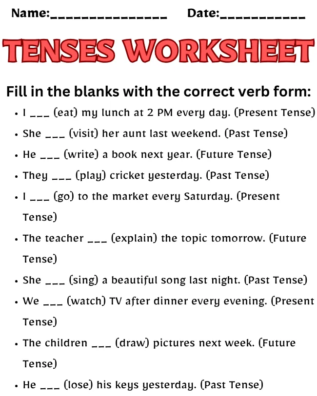 Free Printable Tenses Worksheets | Master English Grammar Tenses Worksheet Class 6