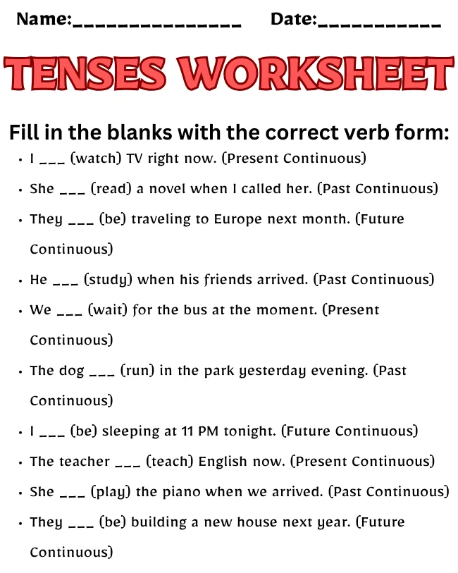 Free Printable Tenses Worksheets | Master English Grammar Tenses Worksheet Class 7
