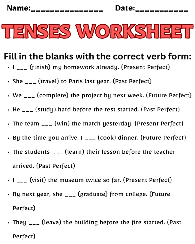 Free Printable Tenses Worksheets | Master English Grammar Tenses Worksheet Class 8
