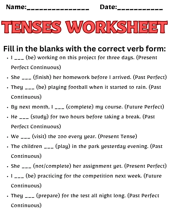 Free Printable Tenses Worksheets | Master English Grammar Tenses Worksheet Class 9