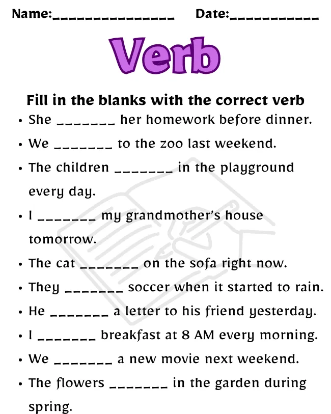 Verb Worksheet for Class 4