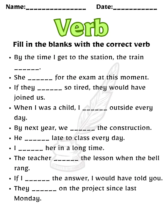 Verb Worksheet for Class 9