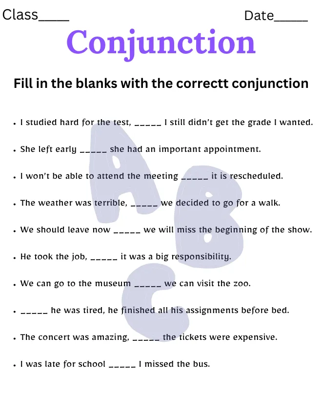 Conjunction Worksheet for Class 10