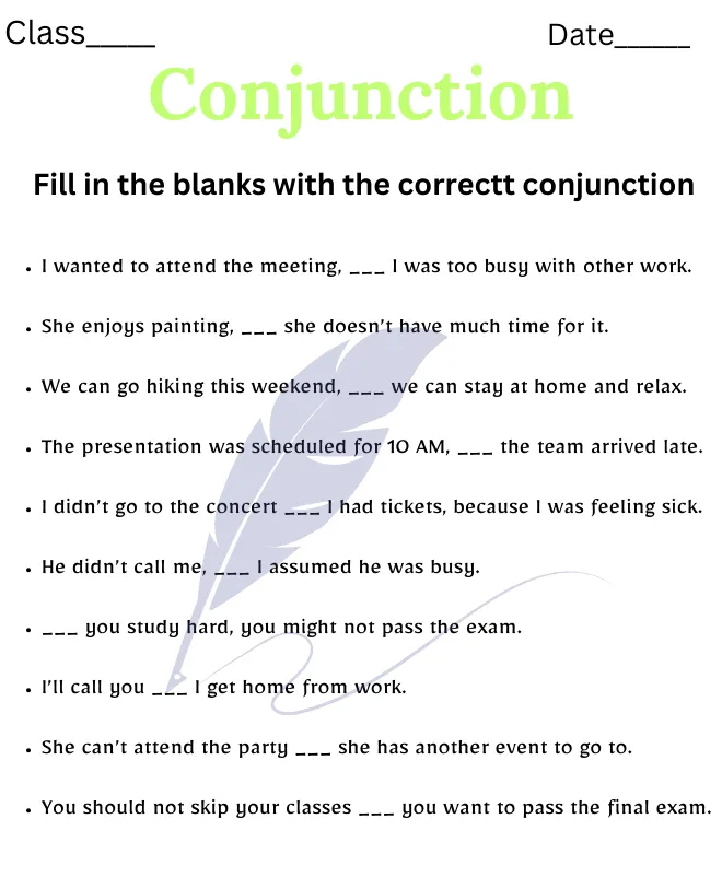 Conjunction Worksheet for Class 11