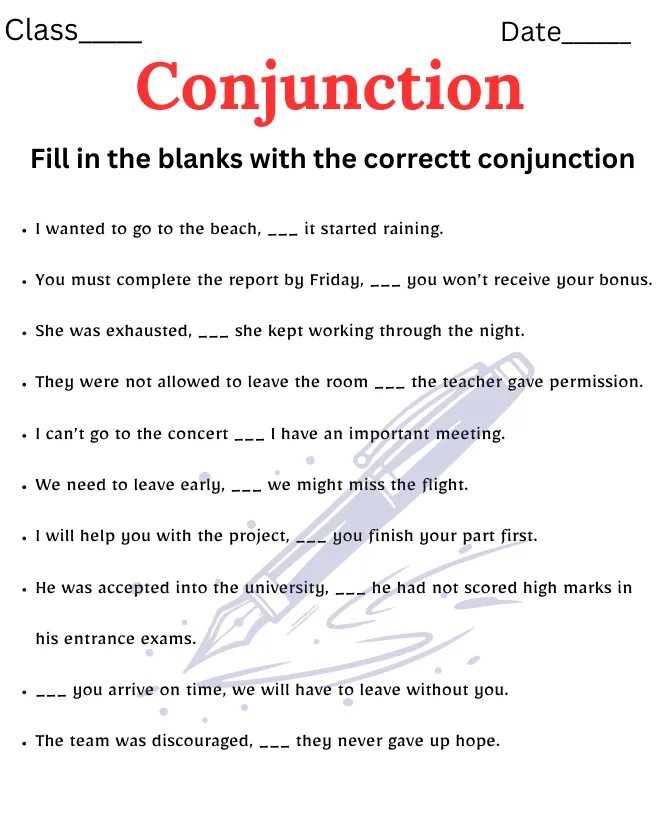 Conjunction Worksheet for Class 12