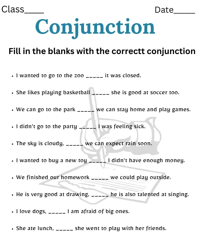 Conjunction Worksheet for Class 2