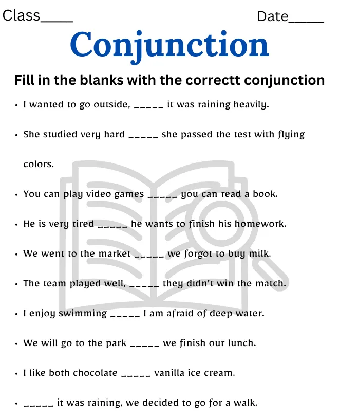 Conjunction Worksheet for Class 3