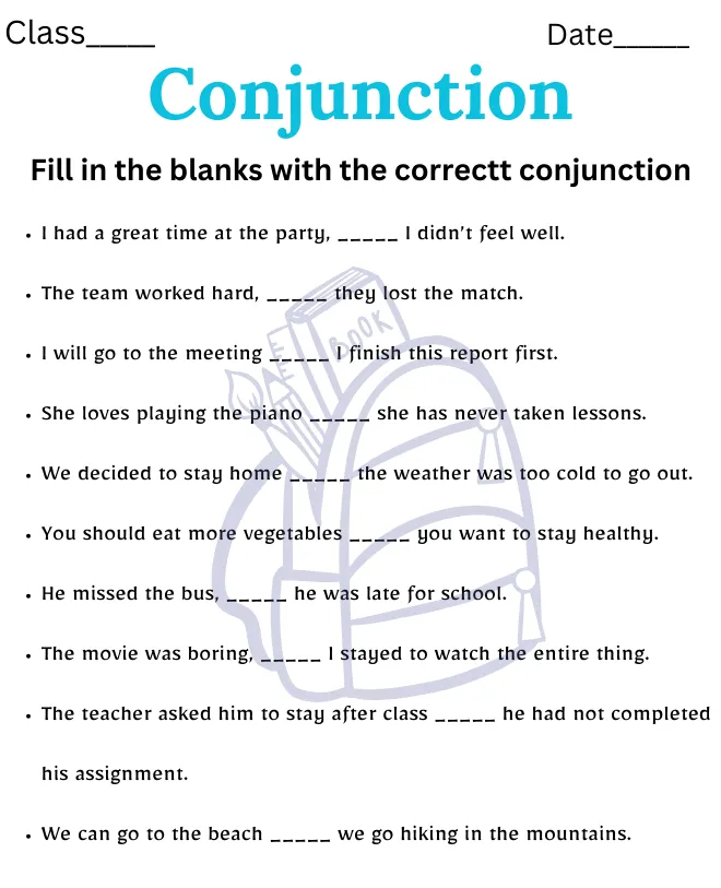 Conjunction Worksheet for Class 9