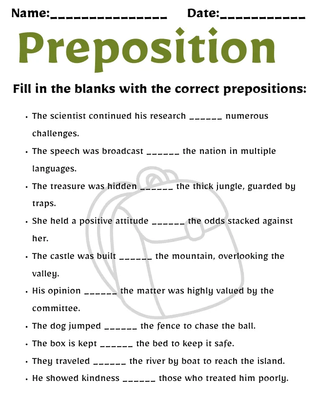 Preposition Worksheet for Class 10