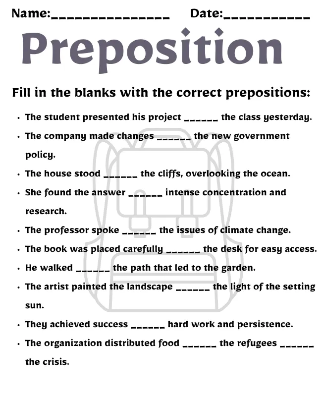 Preposition Worksheet for Class 11