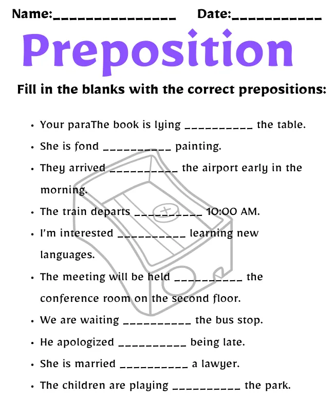 Preposition Worksheet for Class 12